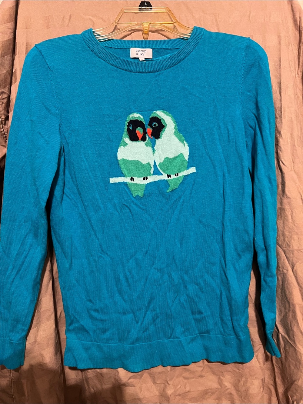 crown & ivy Teal Parrot Intarsia Crewneck Sweater